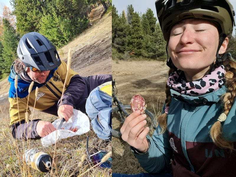 Coulisses de notre repérage du Queyras en VTTae 15 pause saucisson a midi dejeuner frugal sejour vtt picnic