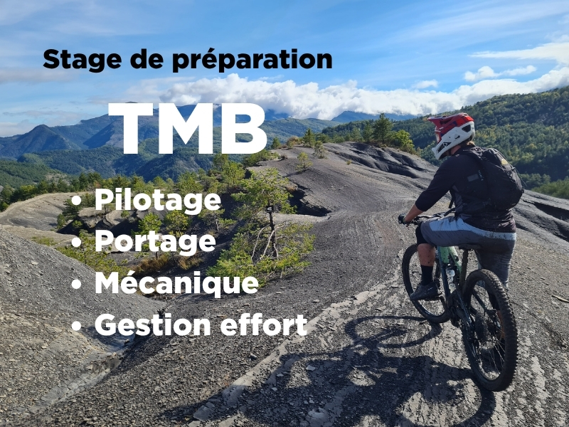 Stage de preparation TMB Tour du Mont Blanc en VTT electrique session technique pilotage ARAVEBIKE moniteur